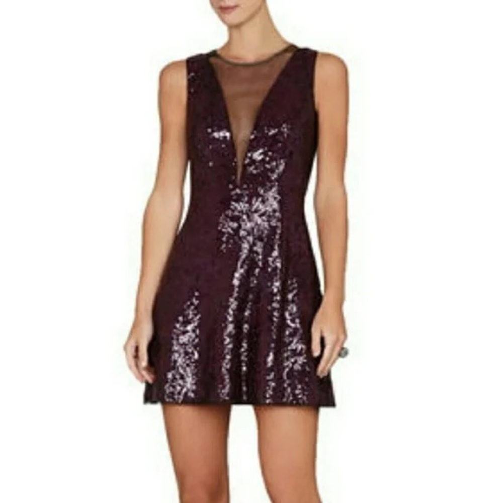 BCBG MAXAZRIA Selina plunging V Deep Plum Sequined Dress - size 2